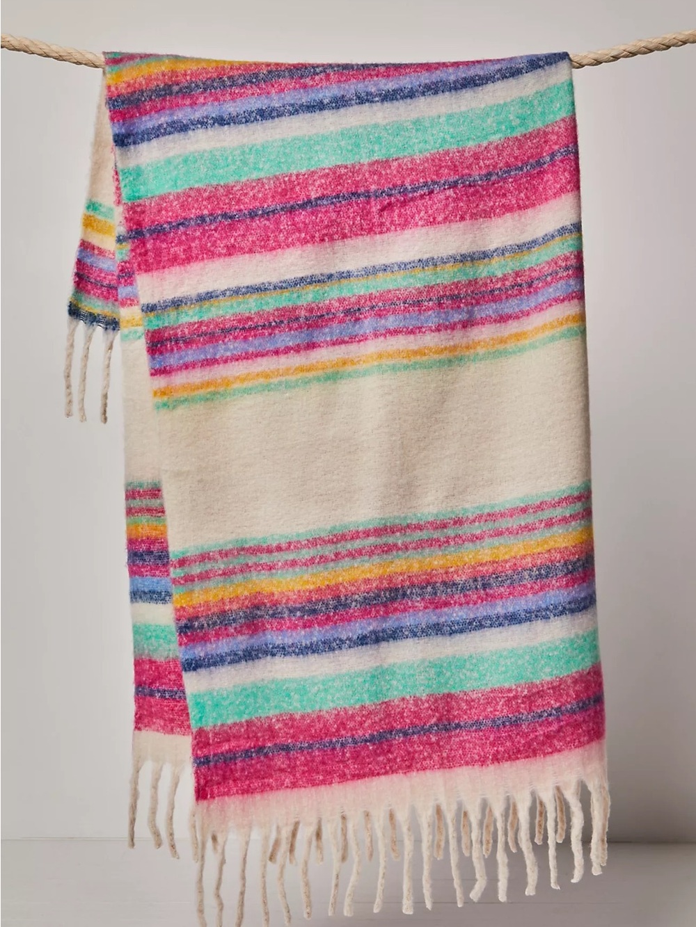 Free People Cream Fringe Throw Blanket with Pink, Teal, Blue & Yellow Stripes
